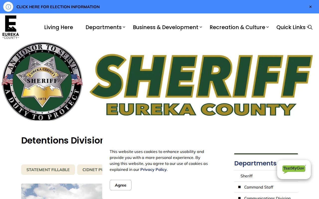 Eureka County arrest booking and detention facility page