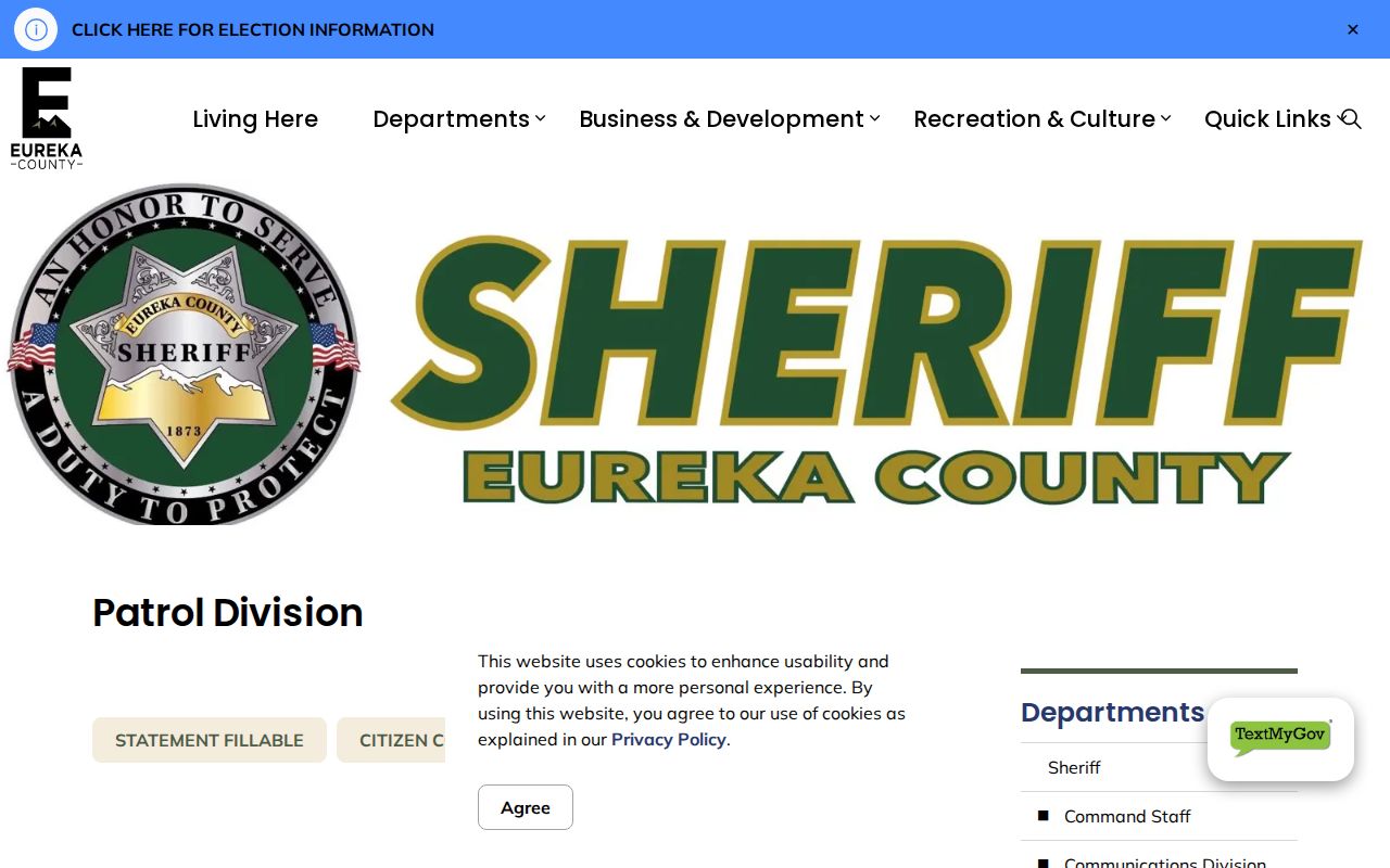 Eureka County arrest records Sheriff patrol division page