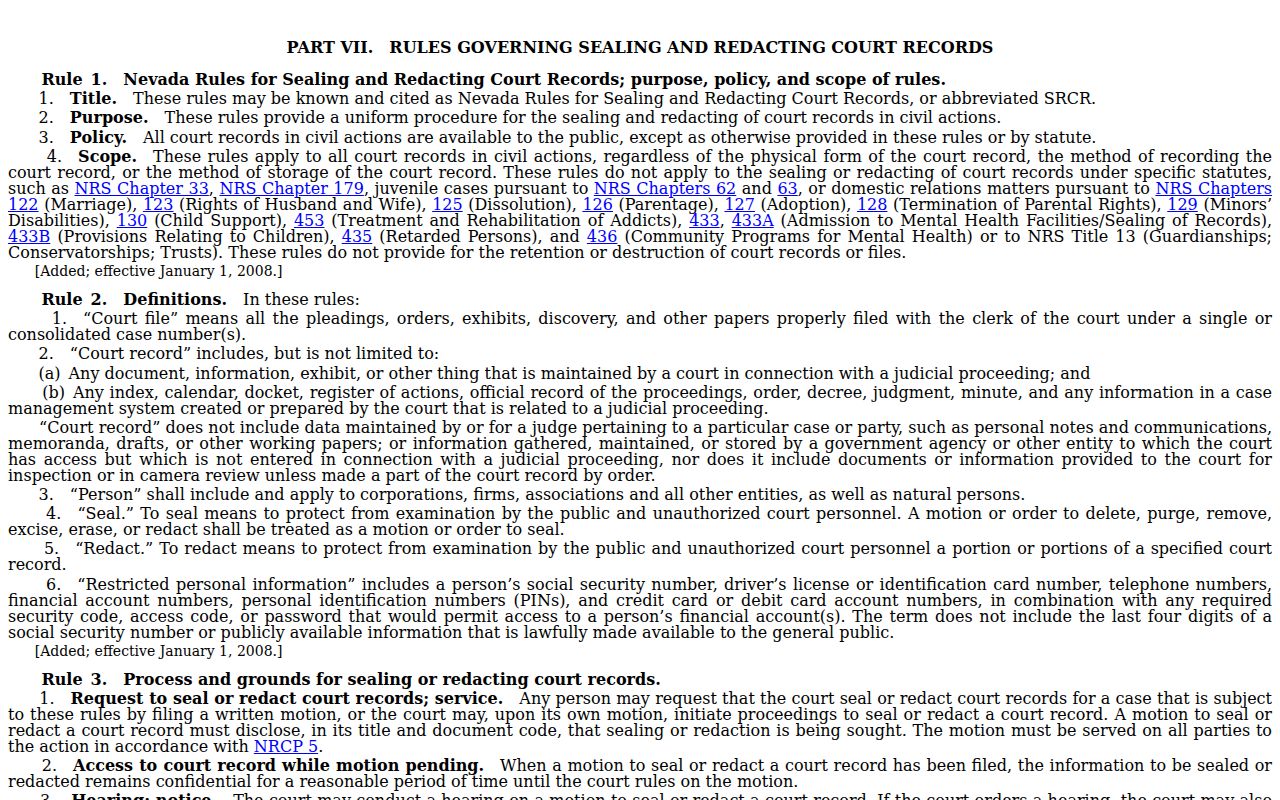 Nevada access and sealing rules for Eureka County criminal court case records