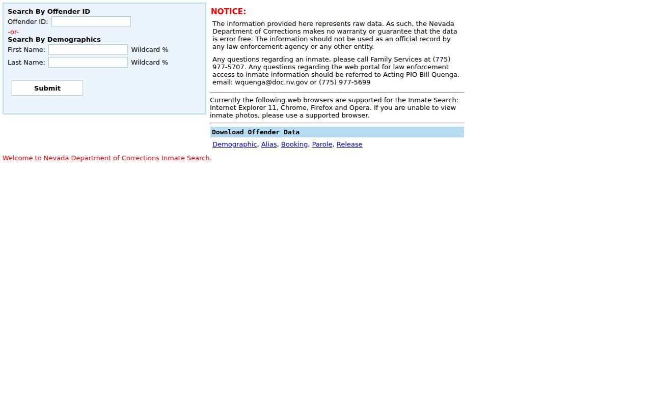 Eureka County criminal history NDOC inmate custody search