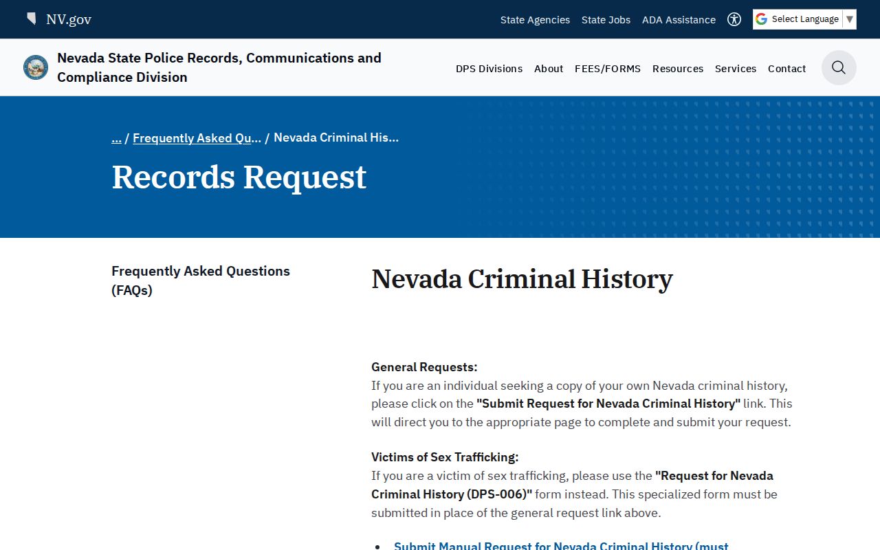 Eureka County criminal history Nevada RCCD record request
